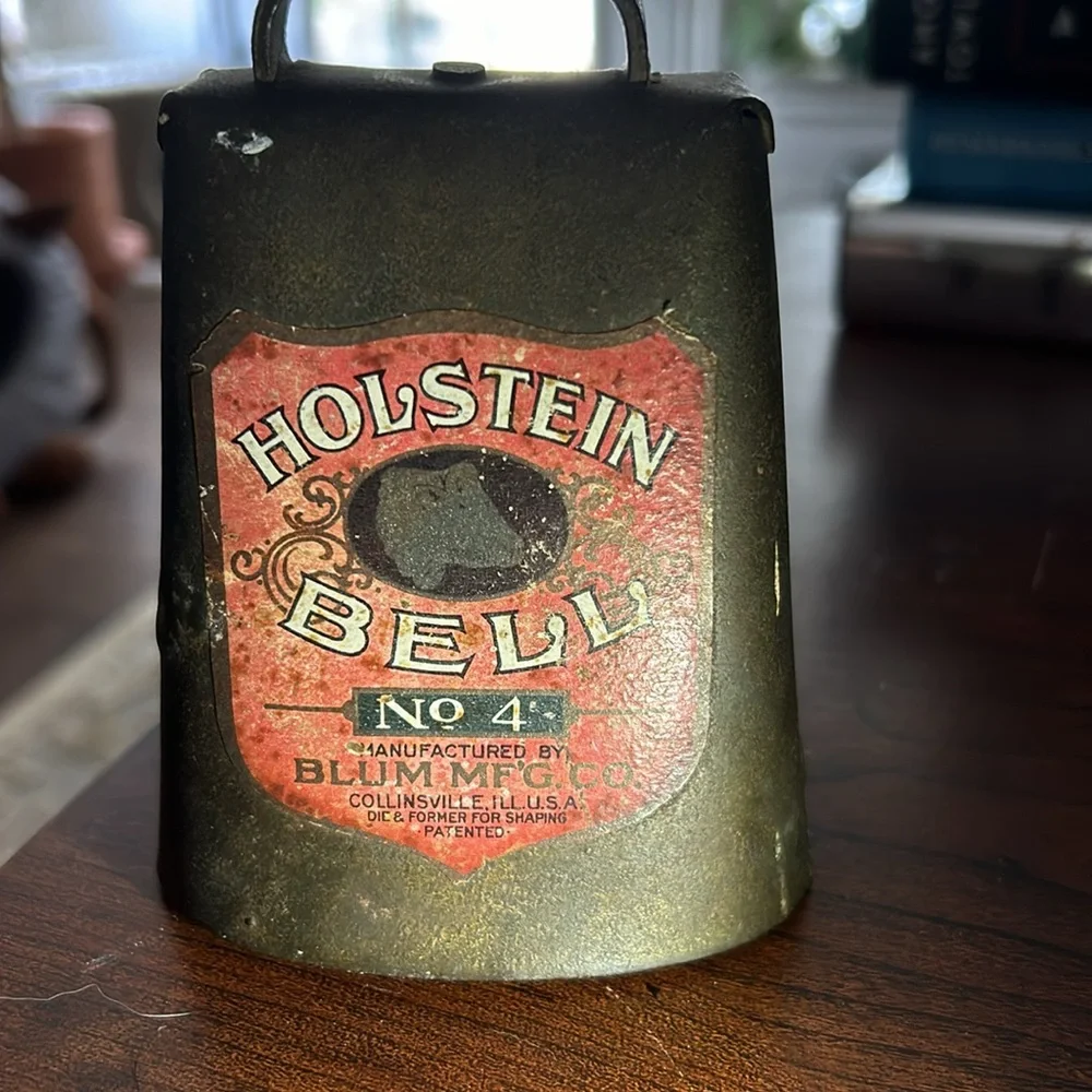 HOLSTEIN BELL No4 BLUM Mfg Co USA Antique Farm Cow Cattle Tin Old Gold P…